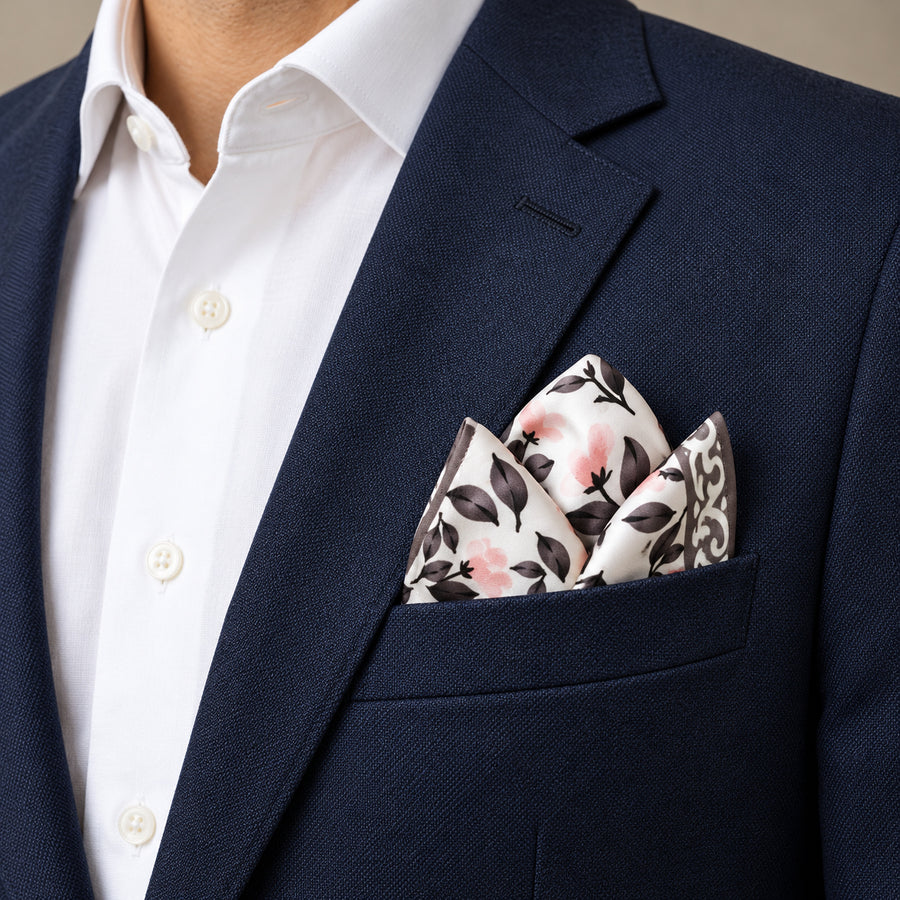 Pink and Grey pocket square — navy jacket · alternate fold.