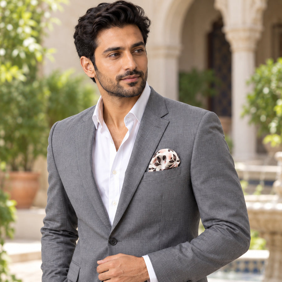 Pink and Grey pocket square — outdoor lifestyle.