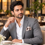 Pink and Grey pocket square — restaurant lifestyle.