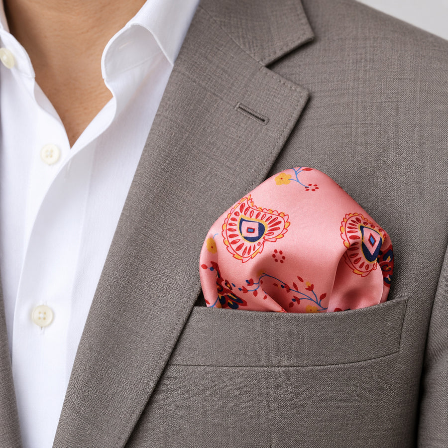 Pink Paisley Petals pocket square — light jacket · wearing detail.