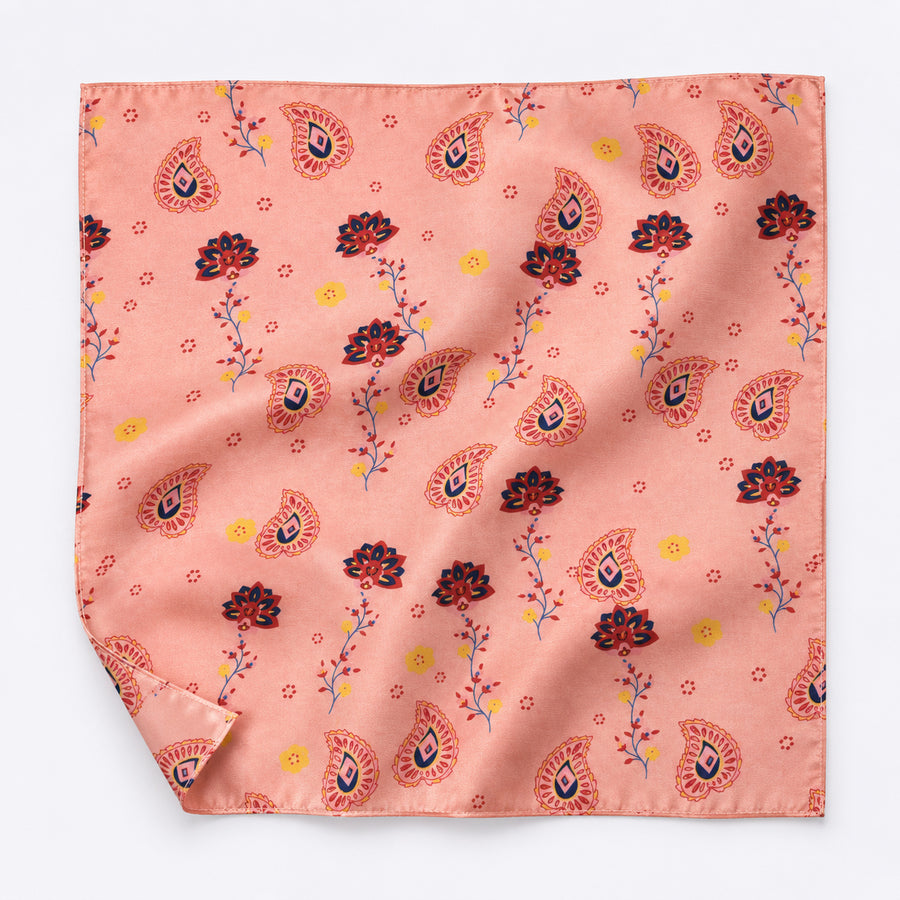 Pink Paisley Petals pocket square — unfolded studio detail.