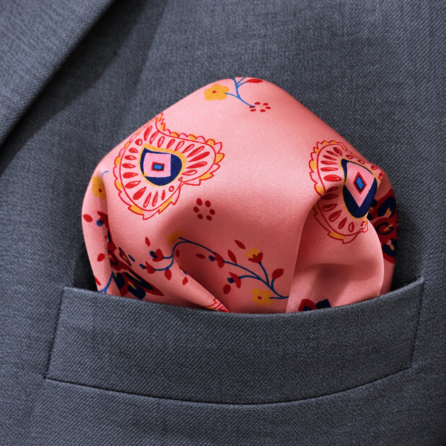Pink Paisley Petals pocket square — close-up wearing detail.