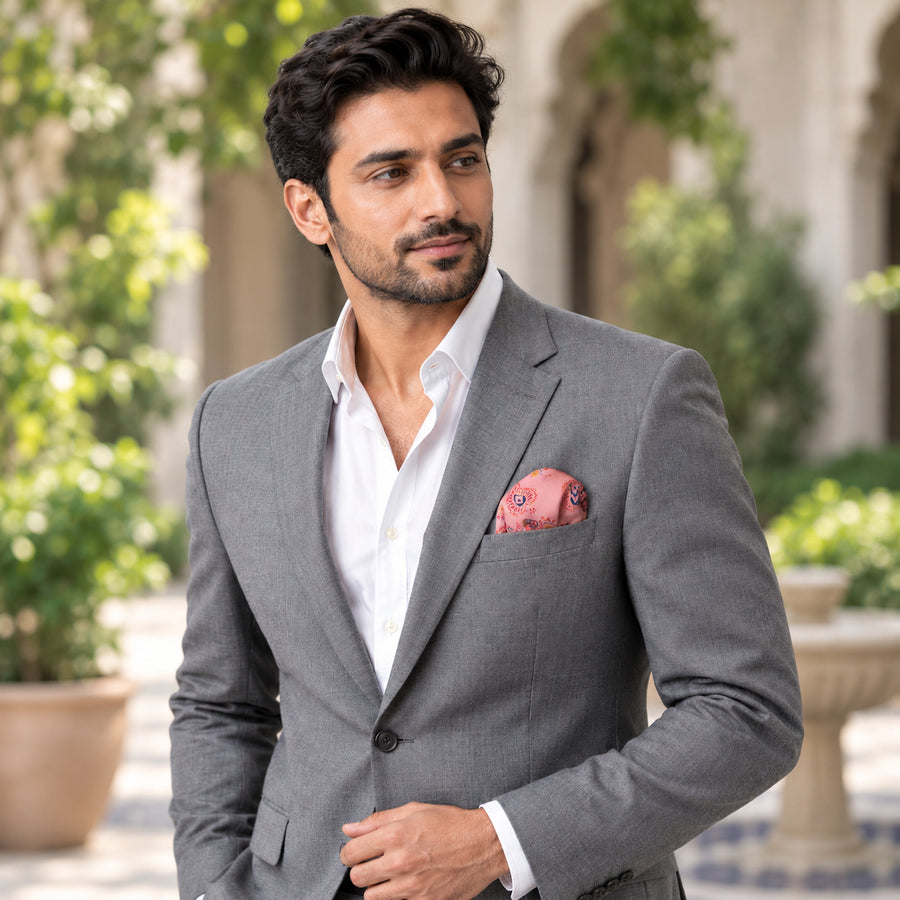 Pink Paisley Petals pocket square — outdoor lifestyle.