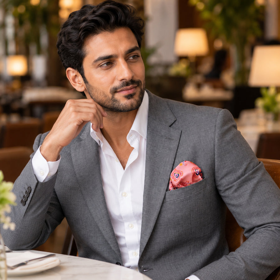Pink Paisley Petals pocket square — restaurant lifestyle.