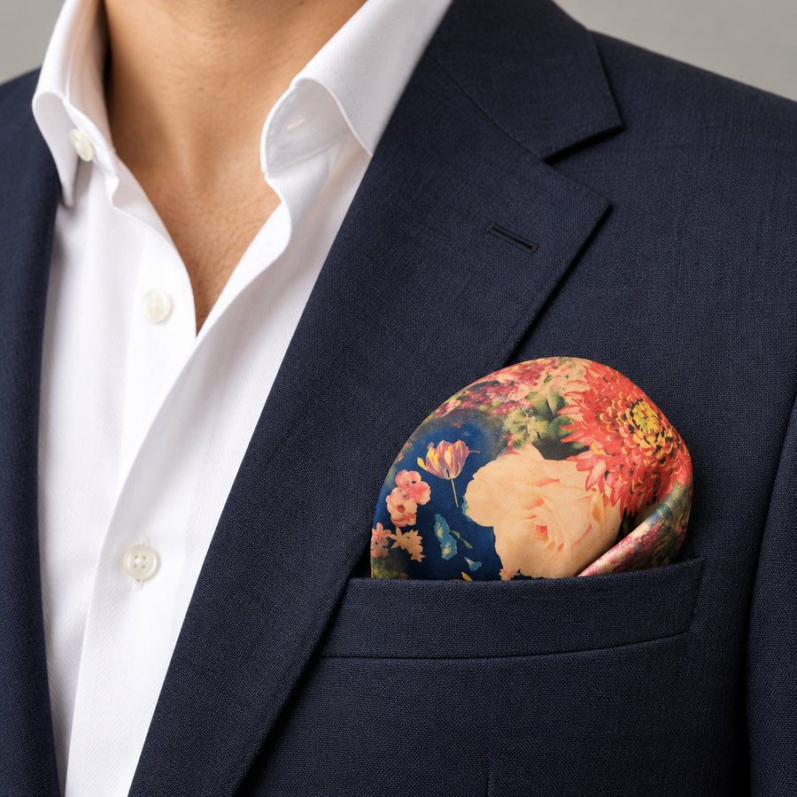 Sapphire Bouquet pocket square — navy jacket · wearing detail.
