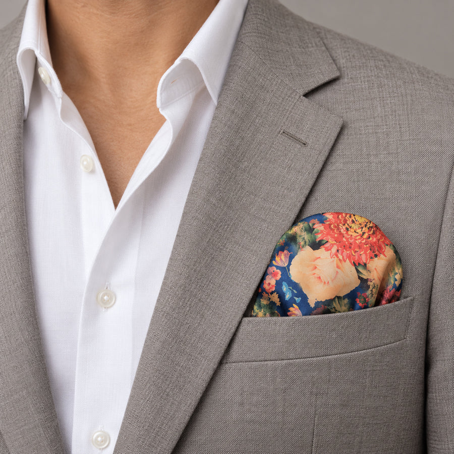 Sapphire Bouquet pocket square — light jacket · wearing detail.