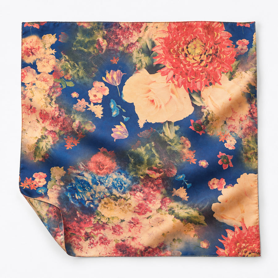 Sapphire Bouquet pocket square — unfolded studio detail.