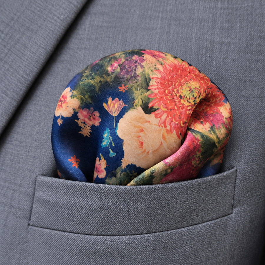 Sapphire Bouquet pocket square — close-up wearing detail.