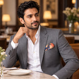 Sapphire Bouquet pocket square — restaurant lifestyle.