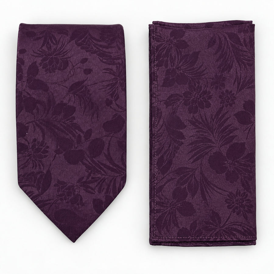 Plum Tropical Bloom silk tie and matching pocket square — Matching weave and hem