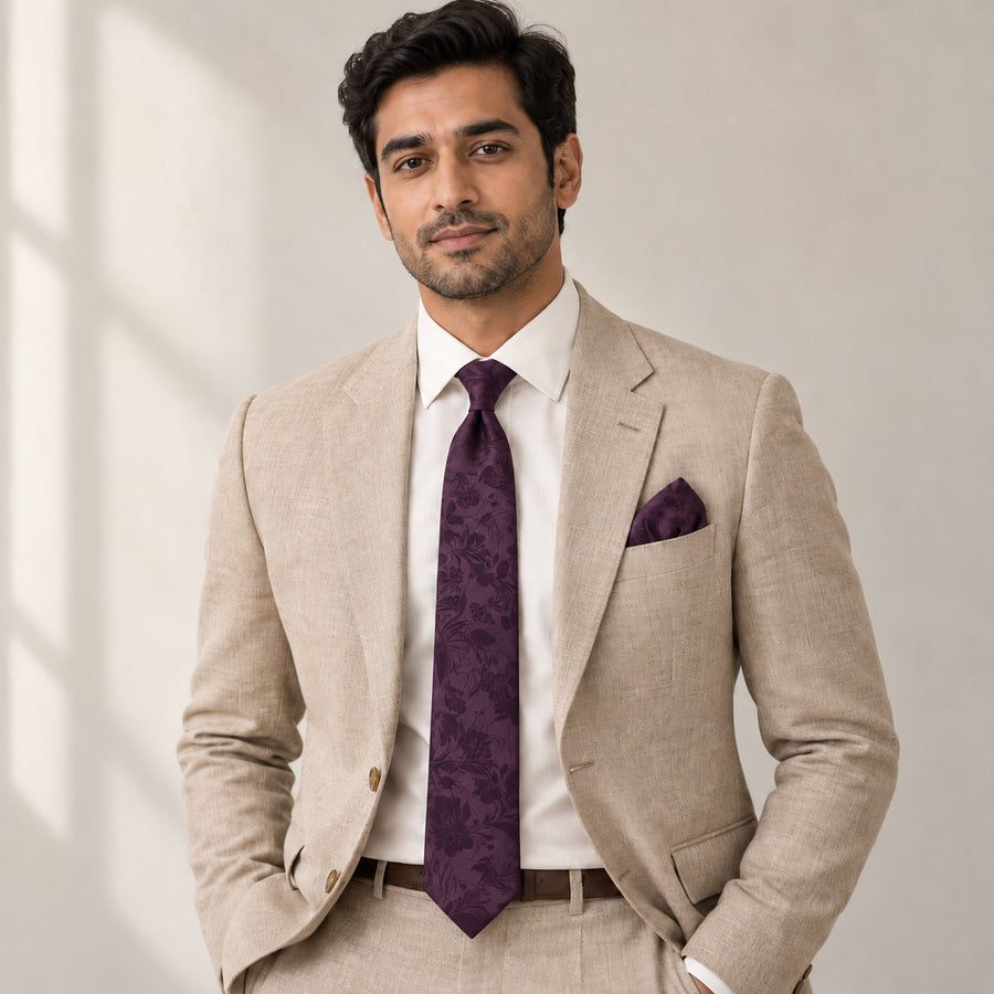 Plum Tropical Bloom silk tie and matching pocket square — Light beige · studio portrait
