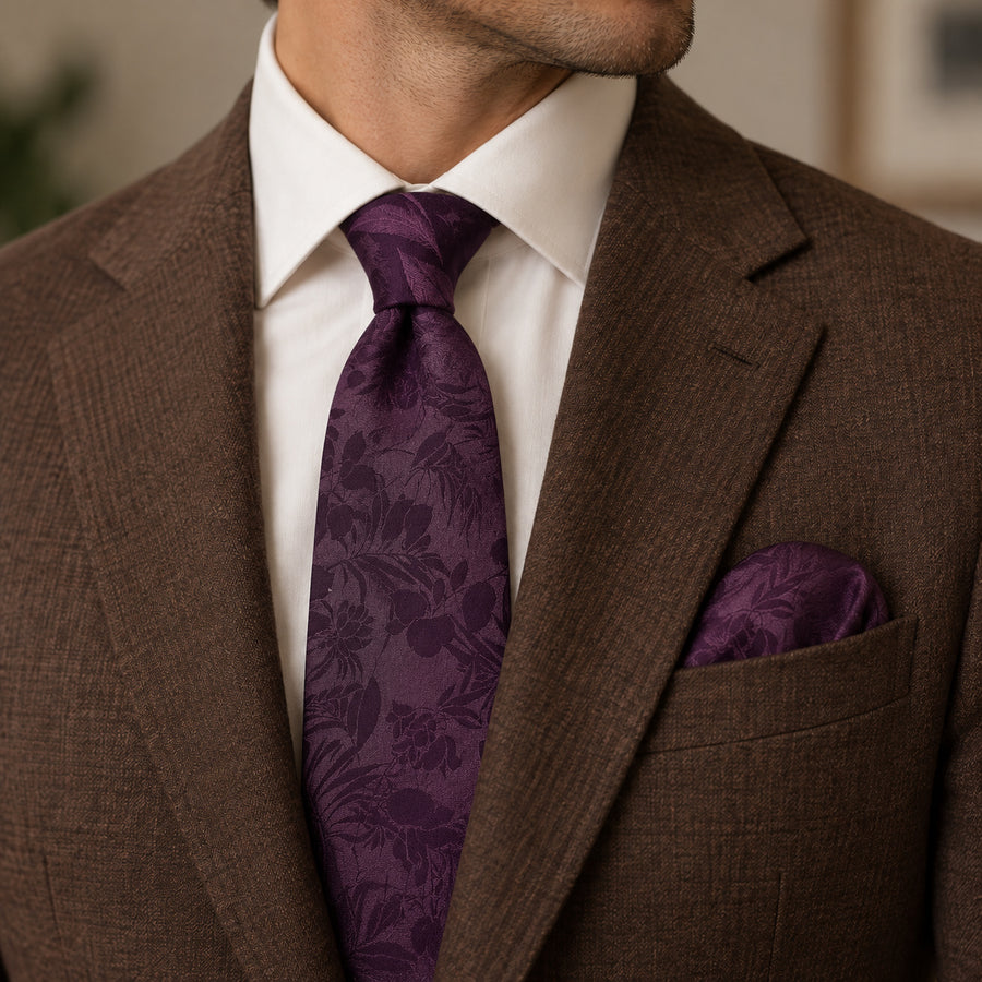Plum Tropical Bloom silk tie and matching pocket square — Tobacco brown · notch lapel