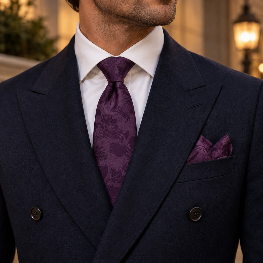 Plum Tropical Bloom silk tie and matching pocket square — Midnight blue · evening detail