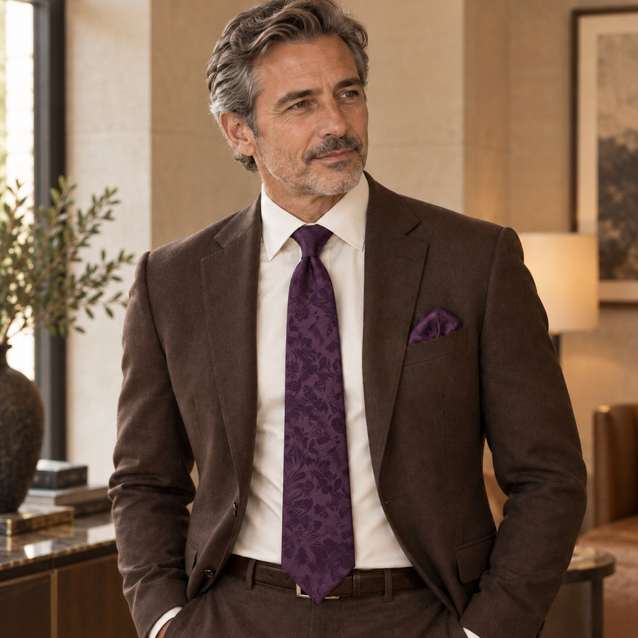 Plum Tropical Bloom silk tie and matching pocket square — Deep brown · relaxed portrait
