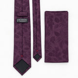 Plum Tropical Bloom silk tie and matching pocket square — Rear construction and matching fold