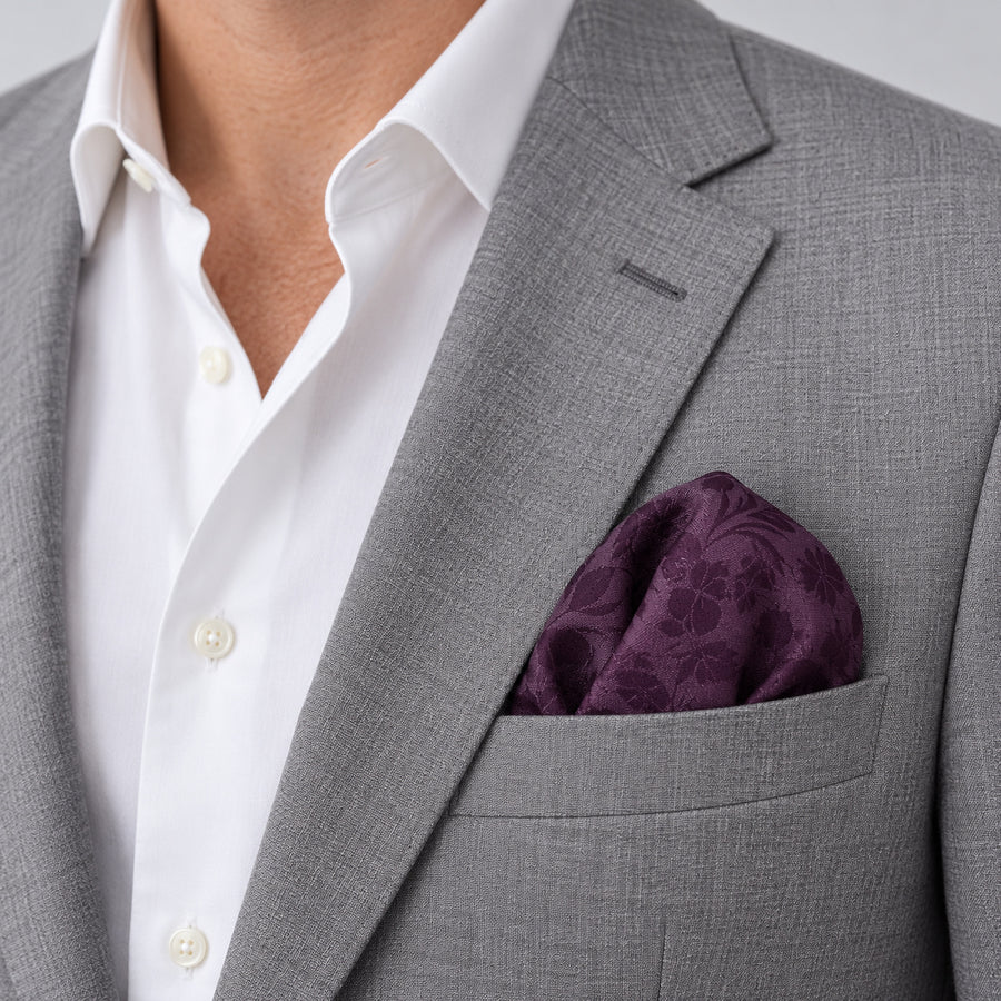 Plum Tropical Bloom Silk Pocket Square — light jacket · rounded puff.