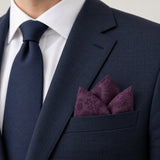 Plum Tropical Bloom Silk Pocket Square — navy jacket · pointed fold.