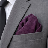 Plum Tropical Bloom Silk Pocket Square — close-up wearing detail.