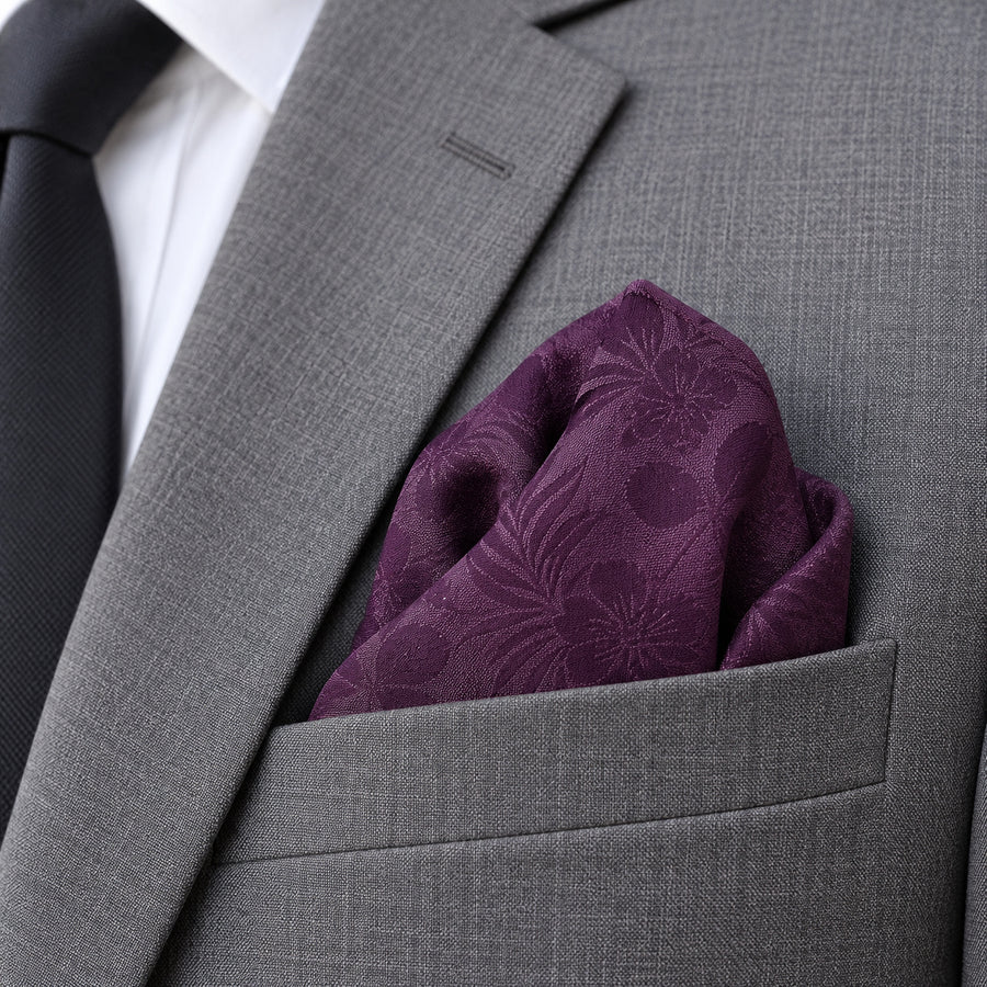 Plum Tropical Bloom Silk Pocket Square — close-up wearing detail.