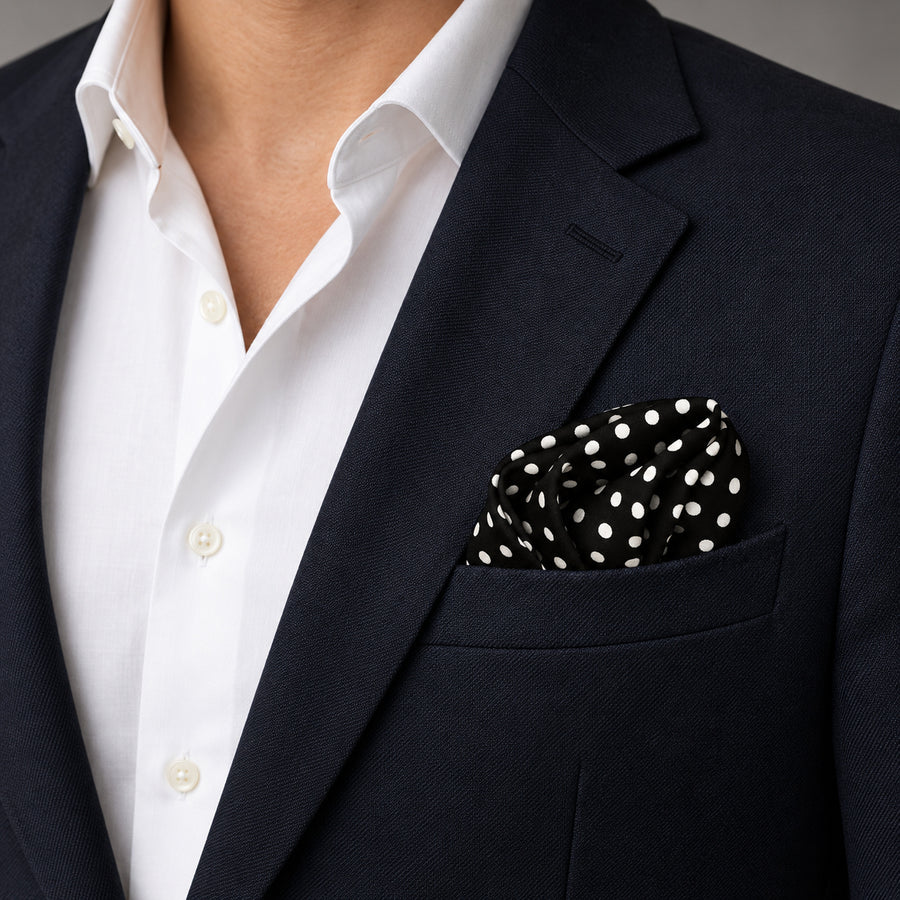 Point Black pocket square — navy jacket · wearing detail.