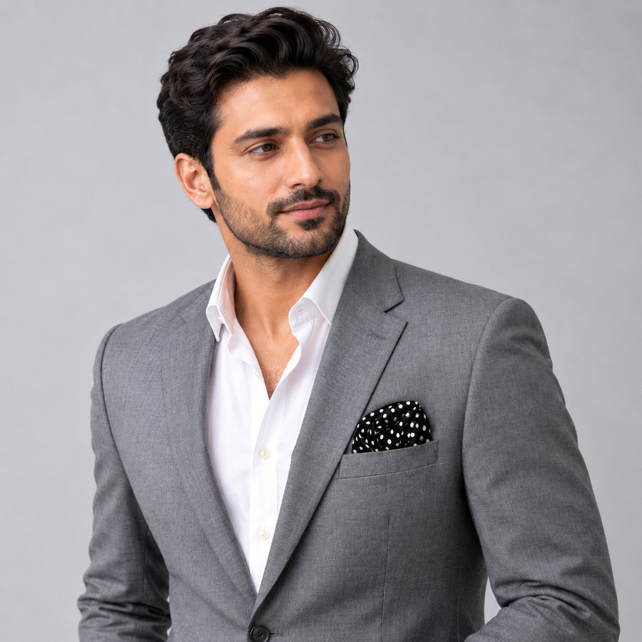 Point Black pocket square — model · light grey and open collar.