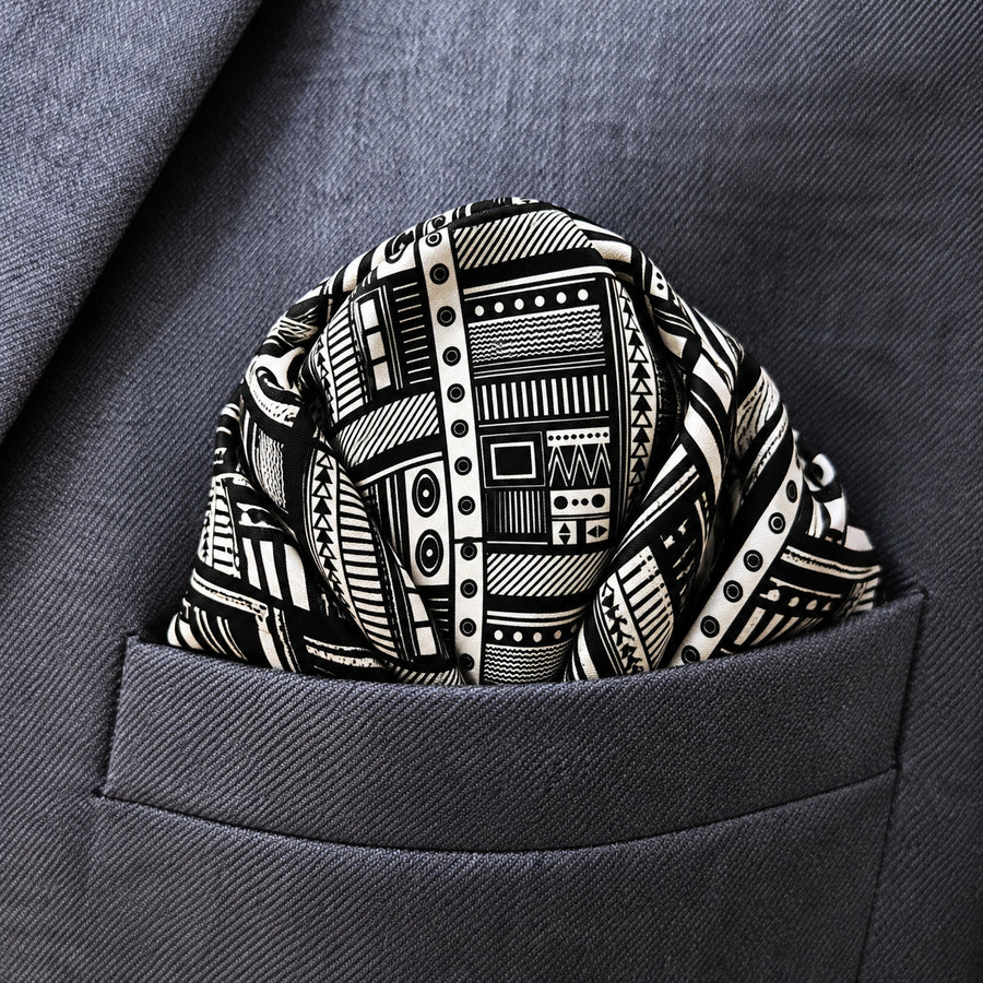 Rectangular Strips pocket square — close-up wearing detail.