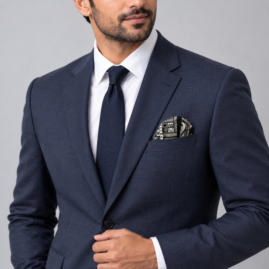 Rectangular Strips pocket square — formal model · navy and tie.