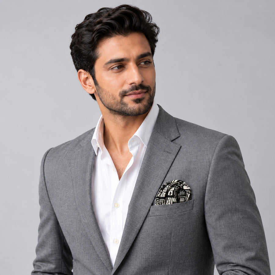 Rectangular Strips pocket square — model · light grey and open collar.