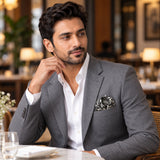 Rectangular Strips pocket square — restaurant lifestyle.