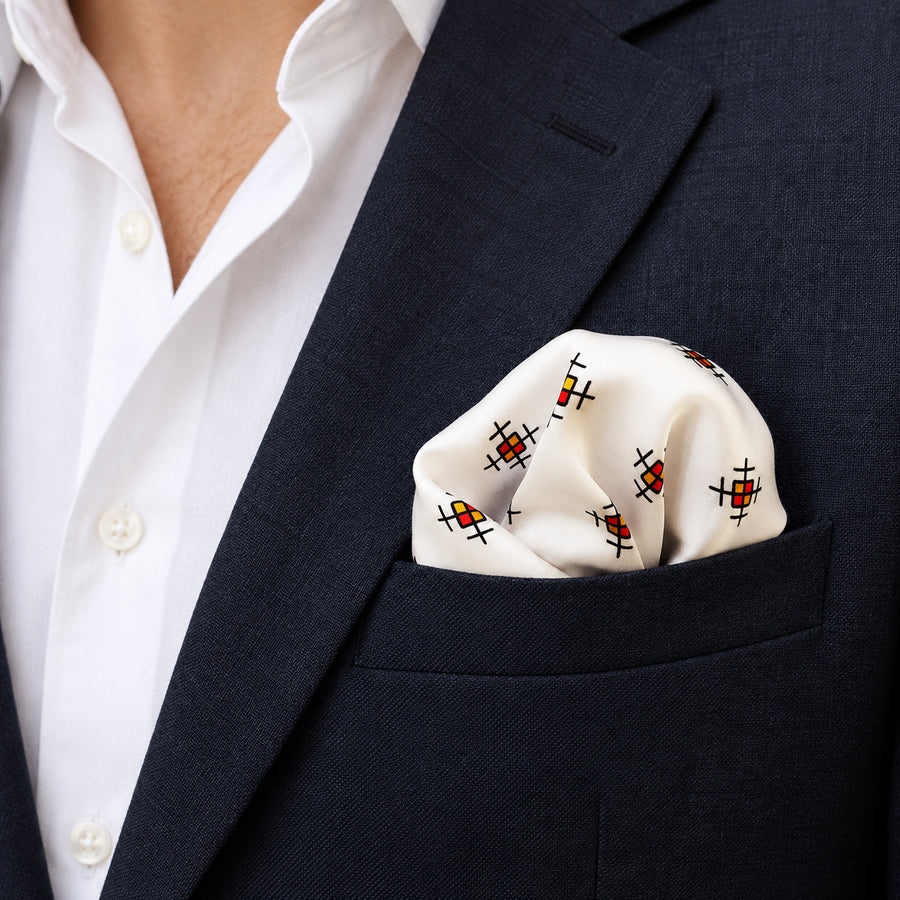 Red Potion pocket square — navy jacket · wearing detail.