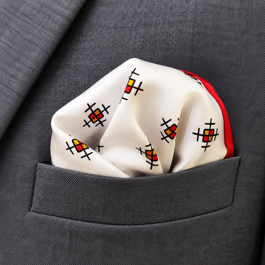 Red Potion pocket square — close-up wearing detail.