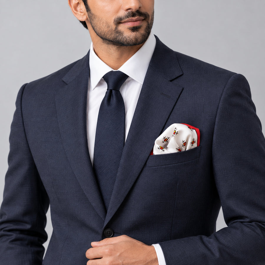 Red Potion pocket square — formal model · navy and tie.