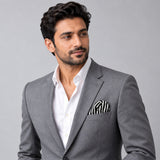 Retro Run pocket square — model · light grey and open collar.