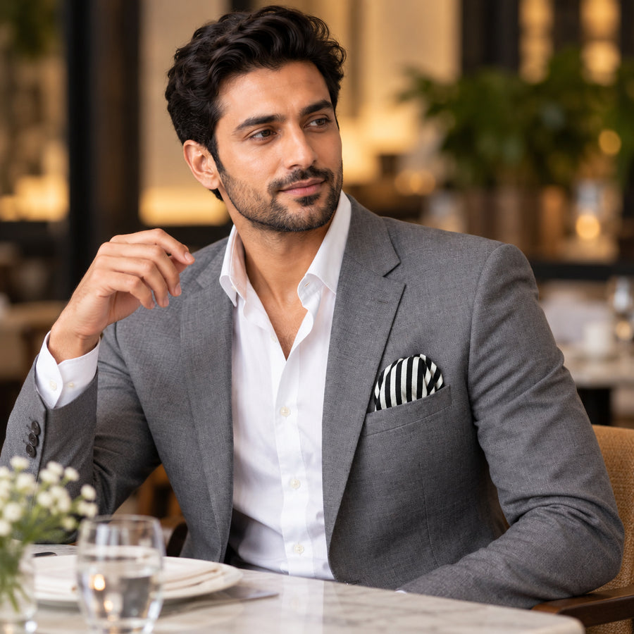 Retro Run pocket square — restaurant lifestyle.