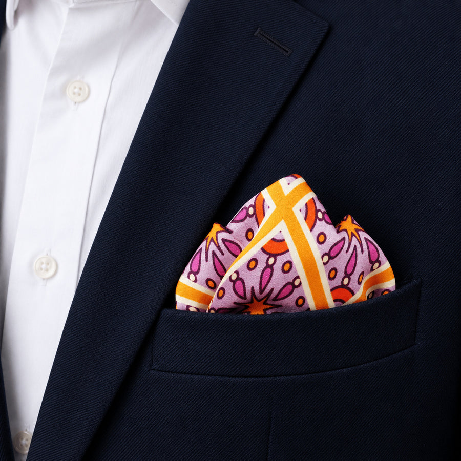 Retro Vintage pocket square — navy jacket · alternate fold.