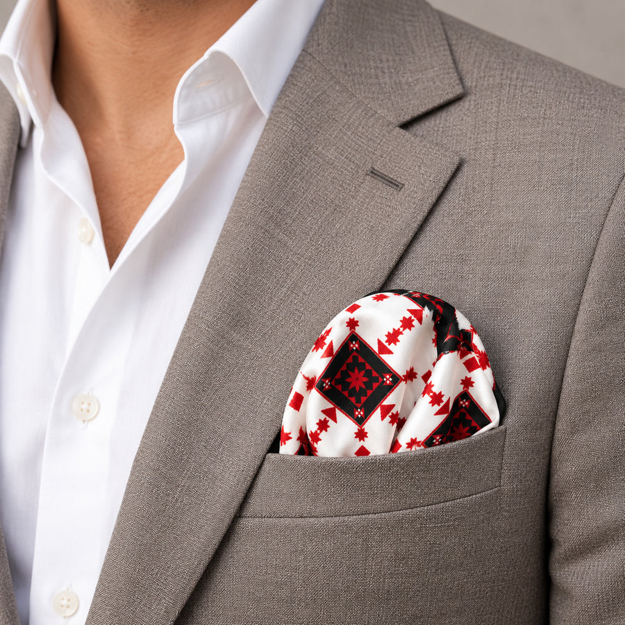 Romanian Traditional pocket square — light jacket · wearing detail.