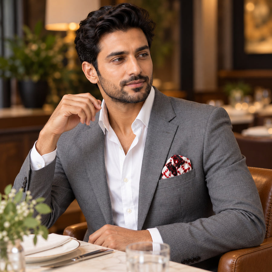 Romanian Traditional pocket square — restaurant lifestyle.