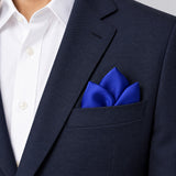 Royal Blue pocket square — navy jacket · alternate fold.