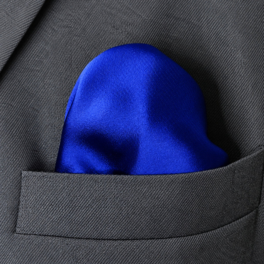 Royal Blue pocket square — close-up wearing detail.