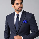 Royal Blue pocket square — formal model · navy and tie.