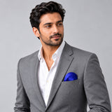 Royal Blue pocket square — model · light grey and open collar.