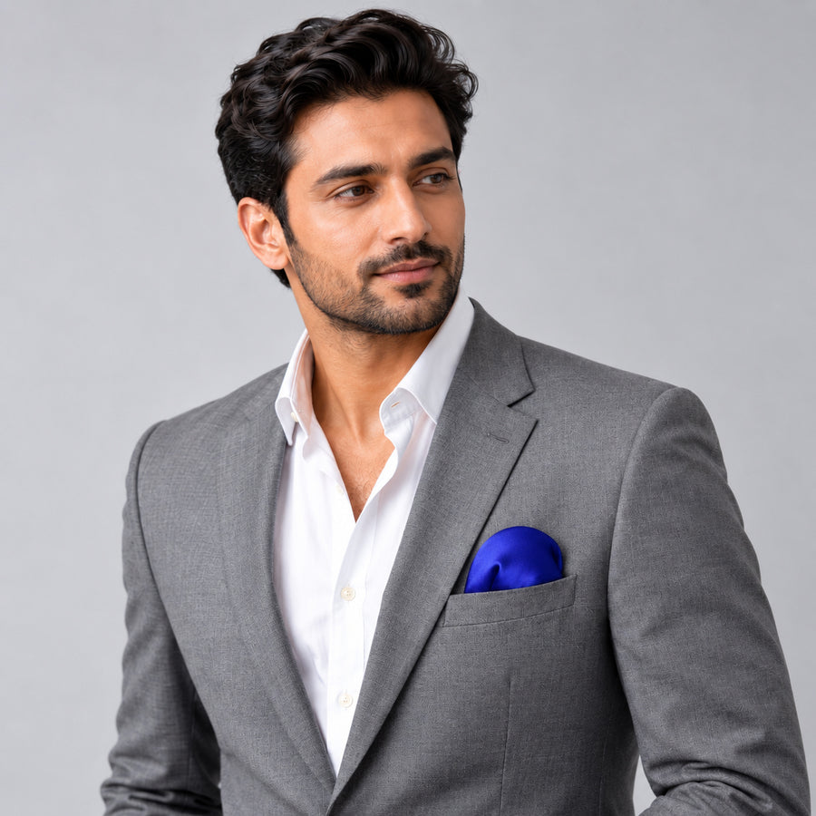 Royal Blue pocket square — model · light grey and open collar.