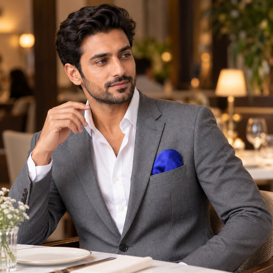 Royal Blue pocket square — restaurant lifestyle.