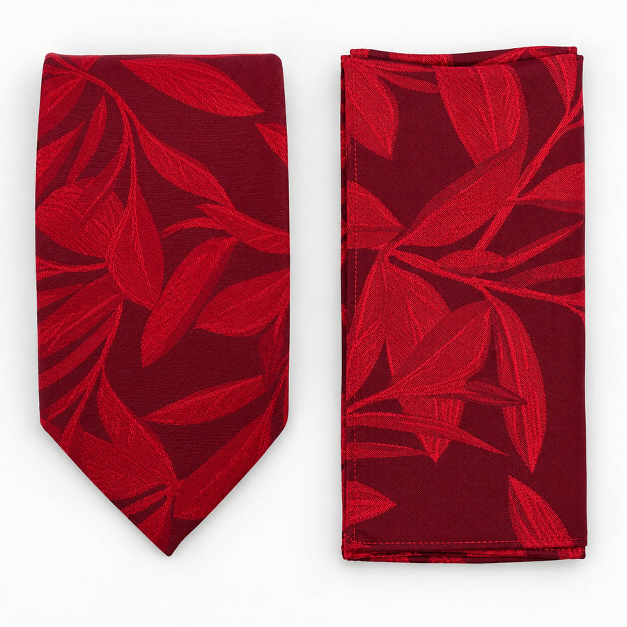 Scarlet Laurel Leaf silk tie and matching pocket square — Matching weave and hem