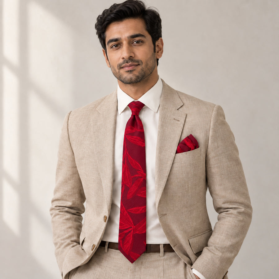 Scarlet Laurel Leaf silk tie and matching pocket square — Light beige · studio portrait