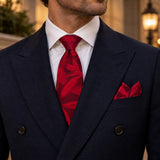 Scarlet Laurel Leaf silk tie and matching pocket square — Midnight blue · evening detail