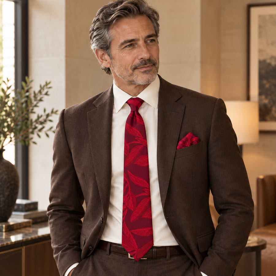 Scarlet Laurel Leaf silk tie and matching pocket square — Deep brown · relaxed portrait