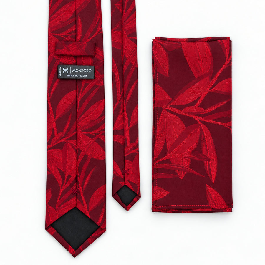Scarlet Laurel Leaf silk tie and matching pocket square — Rear construction and matching fold