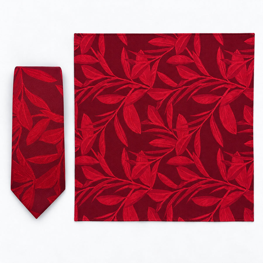 Scarlet Laurel Leaf silk tie and matching pocket square — Full square · overhead pair