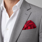 Scarlet Laurel Leaf Silk Pocket Square — light jacket · rounded puff.